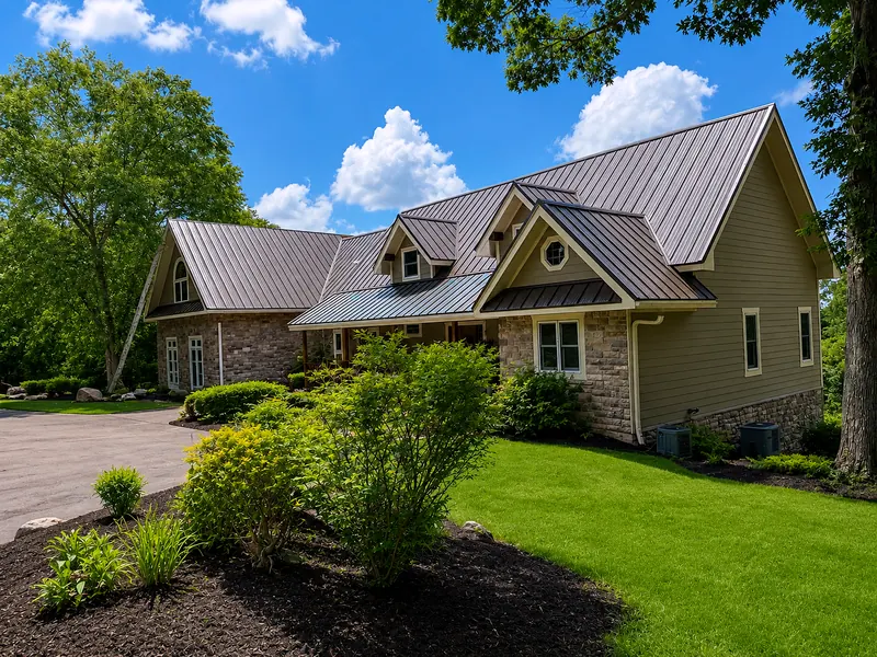 Standing seam metal roof with dormers on a stone and siding home in Southern Illinois